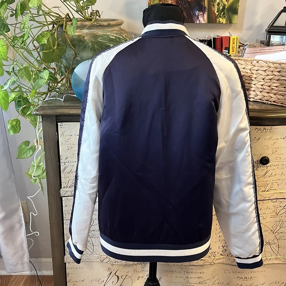ESCALIER SATIN BOMBER JACKET WITH BIRD DETAIL NAVY BLUE WHITE SIZE SMALL